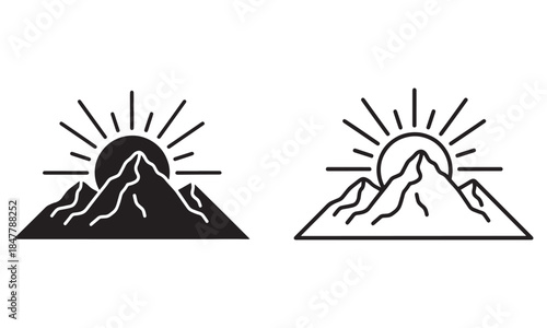 Sunrise Mountain Icon with sun rising in outline and filled Vector