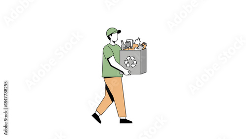 Man carrying recycling bin with bottles and cans for eco friendly waste management