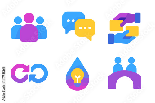 Isometric Workplace Icons. Workplace Community Interaction isometric flat set: group silhouettes, conversation thread, resource exchange, partnership loop, insight droplet, support