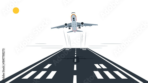 Airplane ascending from a runway against a bright sky