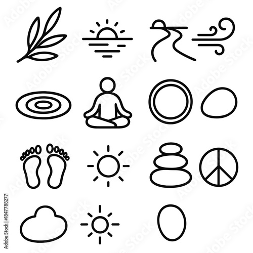 Peaceful Icon Series. Acceptance & Peace linear set: olive branch, calm horizon, soft breeze, open path, gentle ripple, warm light, relaxed figure, harmony loop, peace circle,