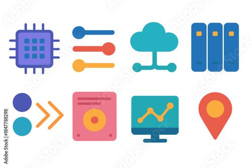 Vibrant Data System Icons. Digital processing systems flat set: compute node tile, workflow stream bar, cloud pipeline arc, server cluster, data flow icon, storage panel,