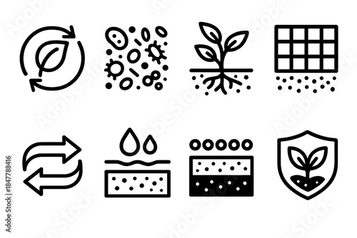 Eco Soil Icons. Eco Soil Recovery Modes linear set: compost cycle icon, microbial richness cluster, regenerative root tile, soil-aggregation grid, nutrient exchange arrow,