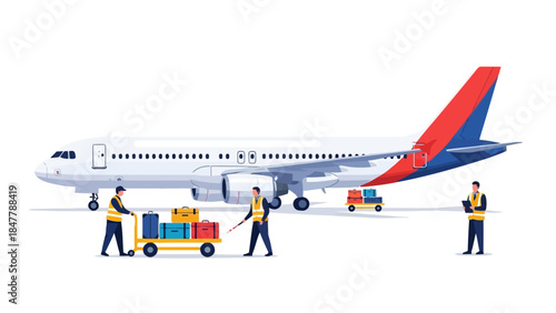 Airport baggage handlers load luggage onto a cart next to an airplane