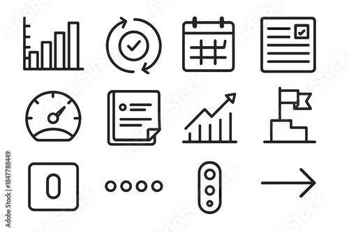 Habit Tracking Icons. Progress Tracking linear set: tracker chart, habit loop icon, calendar checkmark, weekly review sheet, performance dial, reflection note, upward trend line,