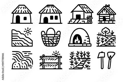 Ancient Eco Village Icons. Eco-Conscious Ancient Settlements linear set: clay homes, thatched roofs, communal well, shared grain store, terraced fields, reed baskets, earth oven,