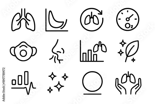 Respiratory Health Icons. Respiratory Health Systems Collection linear set: lung outline, airflow curve, breath cycle, oxygen gauge, filter mask, nasal passage icon, respiratory