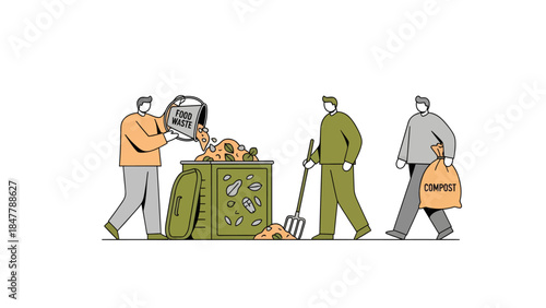 Men collecting and sorting food waste for composting