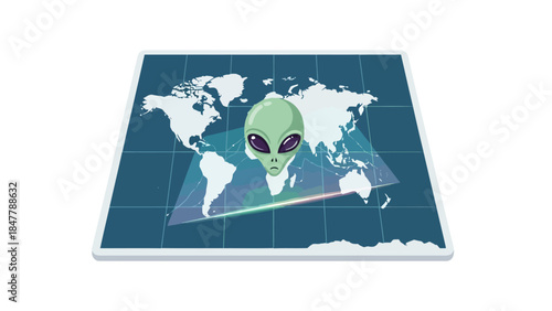 Alien head overlayed on a world map with a light beam