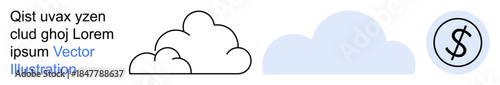 Cloud computing, financial growth, data storage, online services, economics, technology. Minimalist cloud illustrations and a dollar symbol. Cloud computing and financial growth concept