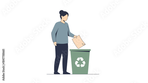 Person recycling paper in green recycling bin with symbol
