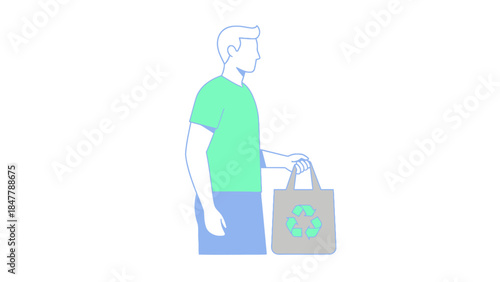Man holding eco-friendly reusable bag with recycling symbol