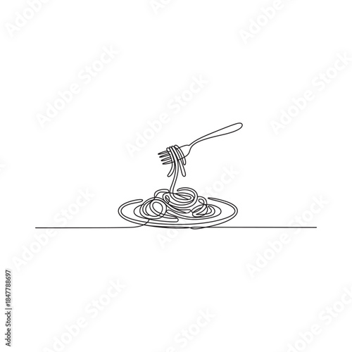A minimalist line drawing depicts a plate of spaghetti and a fork