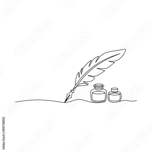 A simple line drawing depicts a quill inkwell and the art of writing