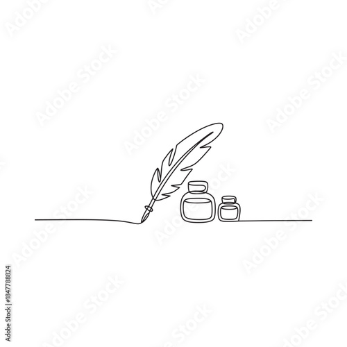 A continuous line drawing of a quill pen and two ink bottles