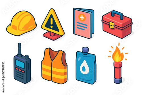 Safety Equipment Icons. Safety readiness set isometric flat set: hard hat, caution sign, emergency instructions, tool kit, radio unit, safety vest, clean water pouch, signal flare.