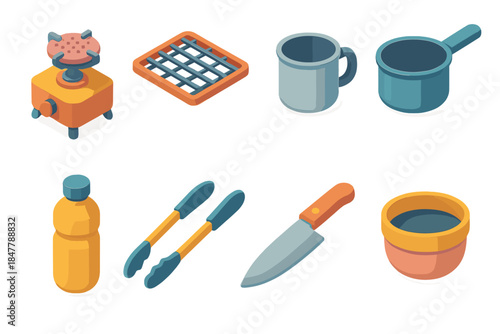 Outdoor Cooking Gear Icons. Outdoor cooking gear flat isometric set: portable stove, grill grate, steel mug, saucepan, water flask, tongs, prep knife, thermal bowl.