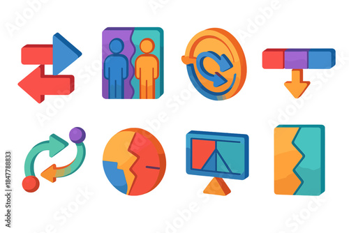 Dynamic Drive Icons. Conflict of Drives Modes flat isometric set: opposing-tendency arrows, internal drive clash tile, motivational strain node, counteraction ring, energy
