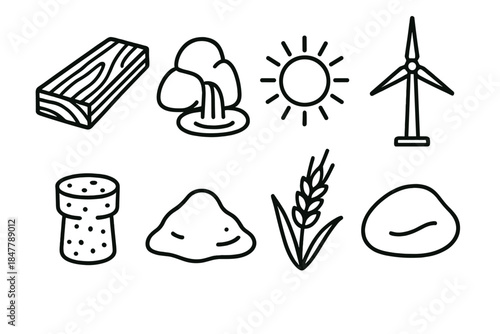 Natural Resources Icons. Core natural resources linear set: hardwood plank, freshwater spring, sun disk, wind turbine silhouette, cork piece, clay mound, grain stalk, river stone.