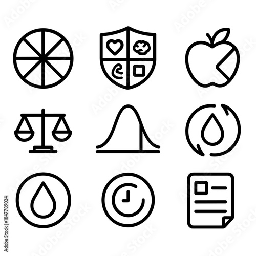 Wellbeing Icon Collection. Personal Wellbeing Traits linear set: health spectrum wheel, core traits badge, behavior pattern curve, nutrition intake icon, stress balance scale, rest