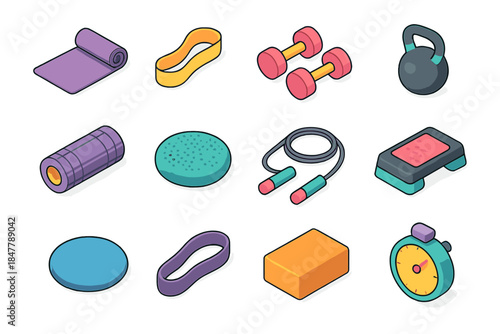 Modern Exercise Tools. Living-Room Exercise Tools isometric flat set: fitness mat, elastic band, compact dumbbells, kettle weight, recovery roller, balance cushion, jumping rope,