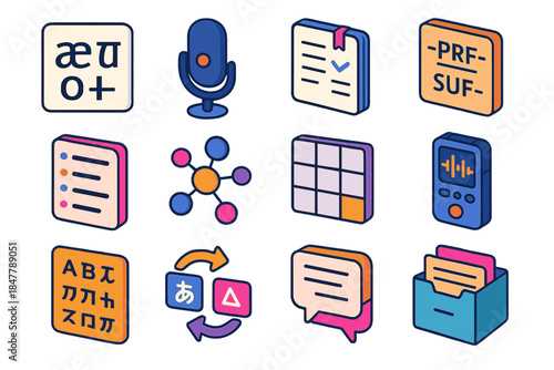 Linguistic Work Icons. Linguistic Work Elements isometric flat set: IPA symbols, recording mic, grammar notes, morphology card, lexicon list, semantic map, dialect grid, audio