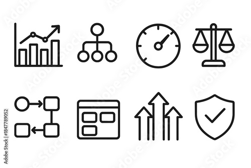 Decision Tools Icons. Decision Intelligence Tools linear set: scenario chart, option tree, KPI dial, weighting scale, outcome path, dashboard tile, priority arrows, strategy badge.