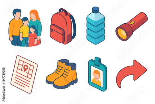 Evacuation Essentials Icons. Family evacuation preparation set isometric flat set: family meetup icon, go-bag, water bottle, flashlight, emergency plan sheet, sturdy shoes, ID