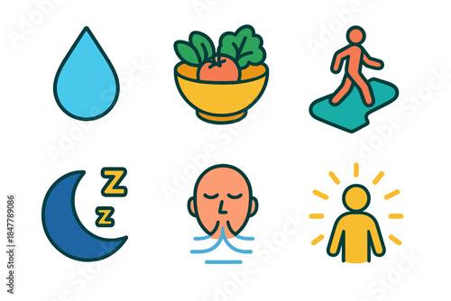 Healthy Icons Collection. Healthy Lifestyle Patterns isometric flat set: water droplet, nutritious bowl, walking path, sleep moon, calm breath lines, vitality glow.