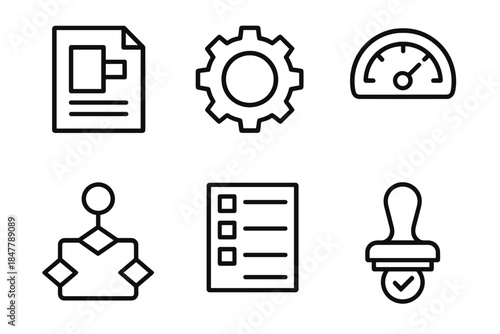 Technical Schematic Icons. Technical Process Set linear set: schematic sheet, gear diagram, tolerance gauge, workflow line, parts ledger, approval stamp.