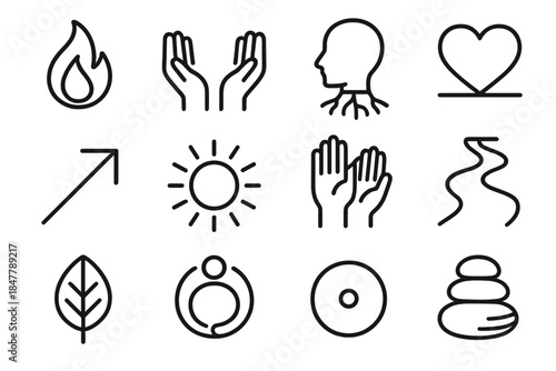 Symbols of Meaningful Living. Meaningful Living Set linear set: purpose flame, compassion hands, mindful roots, steady heart, clear intention arrow, gratitude circle, respectful