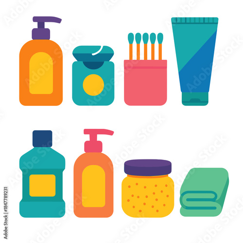 Modern Hygiene Essentials. Personal Care Hygiene Set flat set: body wash bottle, floss container, cotton swabs, facial cleanser tube, mouthwash bottle, lotion pump, exfoliating