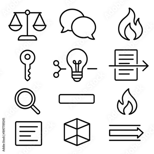 Visual Argument Blueprint. Constructive Argument linear set: balanced scale, discussion bubbles, reasoning nodes, key point icon, idea outline, structured notes, guiding arrows,