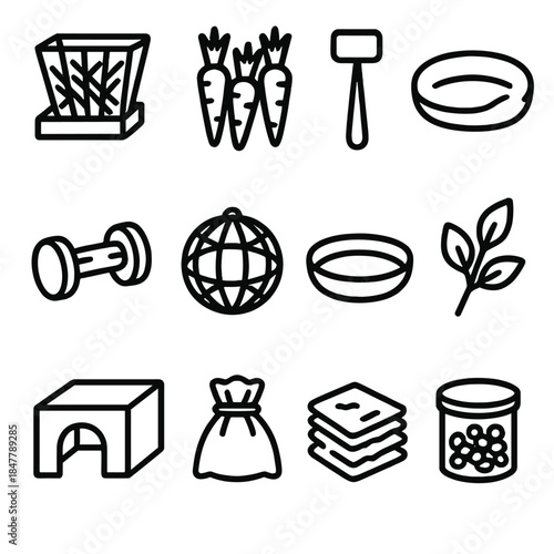 Bunny Care Essentials. Bunny Comfort & Upkeep linear set: hay feeder, carrot top cluster, grooming rake, soft pad, wooden nibble toy, forage ball, water dish, leafy sprig, rest box