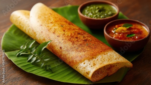 Fototapeta Naklejka Na Ścianę i Meble -  A dosa, a thin pancake, served on a banana leaf with two small bowls of chutney and sambar. Indian cuisine for traditional meal.