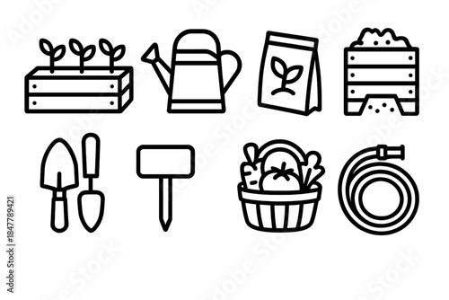 Community Gardening Icons. Community Gardening linear set: shared raised bed, watering can, seed packet, compost bin, garden trowel, plant marker, produce basket, hose coil.