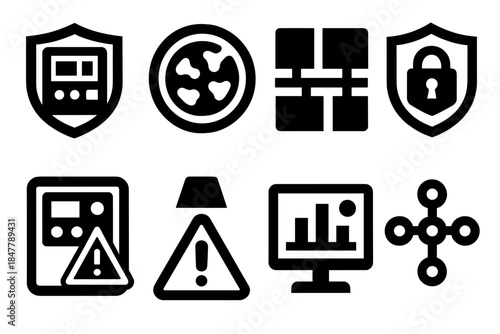 Bold Security Icons. OT risk mitigation tools silhouette set: safeguarded control unit, anomaly scan ring, network segmentation icon, resilience shield, secure command panel, alarm