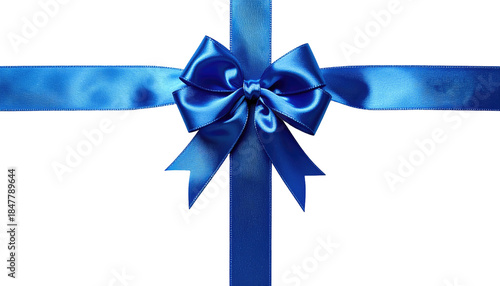A close-up shot of a dark blue satin ribbon bow. The ribbon is tied in a cross pattern against a black background