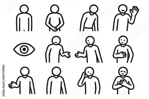 Expressive Icon Postures. Physical Expression Icons linear set: straight posture, inward arms, attentive bend, thoughtful lean, expressive hand wave, eye-focus symbol, unsure shift