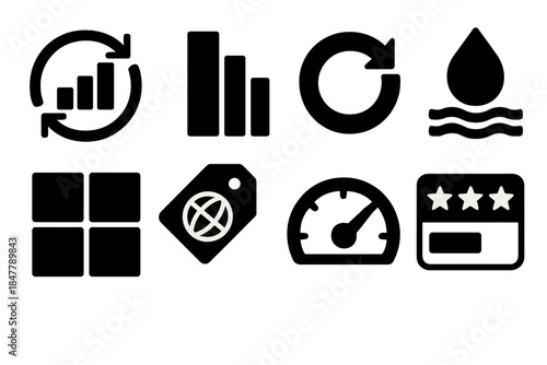 Sustainability Metrics Icons. Sustainability Metrics Display silhouette set: lifecycle impact chart, energy-intensity bar, waste-diversion ring, water stewardship icon, land-use