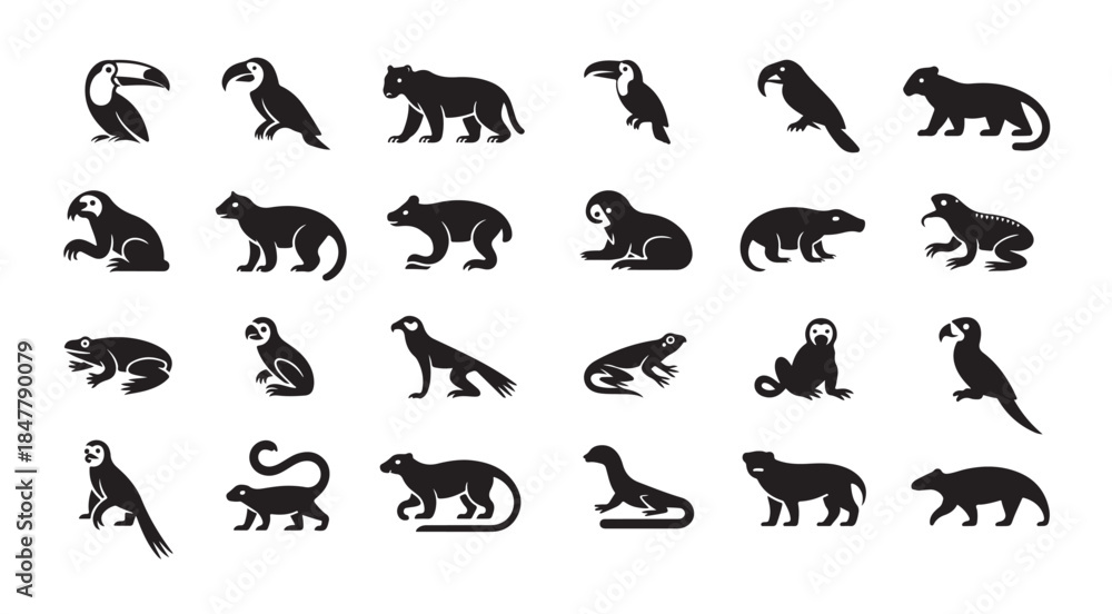 Obraz premium Rainforest animal vector silhouettes including toucan, jaguar, sloth, frog, armadillo, and parrot