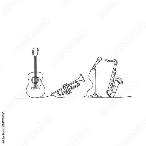 A minimalist line drawing depicts various musical instruments arranged in a simple composition