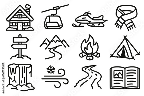 Snowy Retreat Icons. Snowy Getaway Elements linear set: cozy lodge, ski lift, snowmobile, winter scarf, trail indicator, mountain pass, warm campfire, insulated tent, frozen