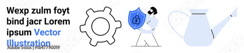 Technology, innovation, cybersecurity, sustainability, eco-friendly practices, teamwork. Gear symbol, shield with lock icon watering can. Cybersecurity and sustainability concepts