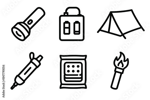 Emergency Gear Icons. Emergency Preparedness Items linear set: flashlight, battery pack, shelter tarp, water filter, ration kit, safety flare.