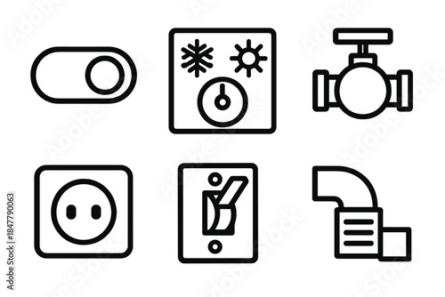 Utility Management Icons. Utility Management Icons linear set: toggle switch, climate controller, main valve, electrical socket, breaker switch, air duct symbol.