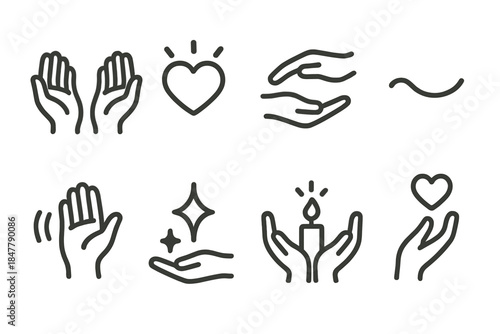 Kindness Icons Collection. Kindness Icons Set linear set: open hands, heart glow, gentle touch, warm smile curve, soft wave, caring spark, shared light, tender gesture.
