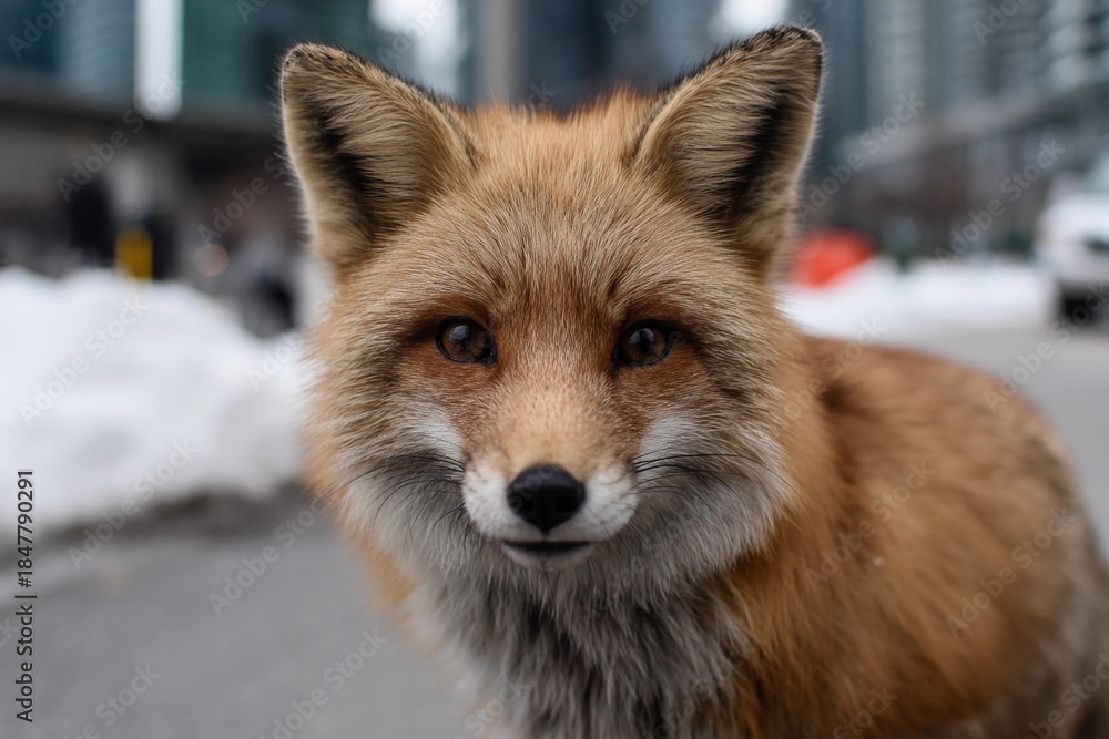 Naklejka premium Fox standing on a city street in winter weather