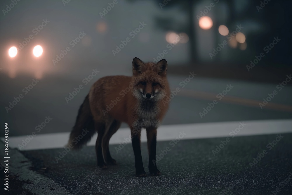 Obraz premium Fox stands on the road during night with fog and lights