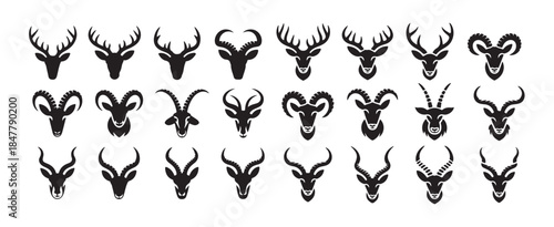 Deer antelope and goat heads simple minimalist black icons set isolated on white background